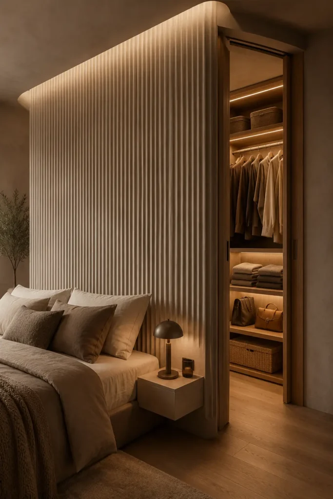  small premium bedroom with a false-wall side-entry wardrobe.