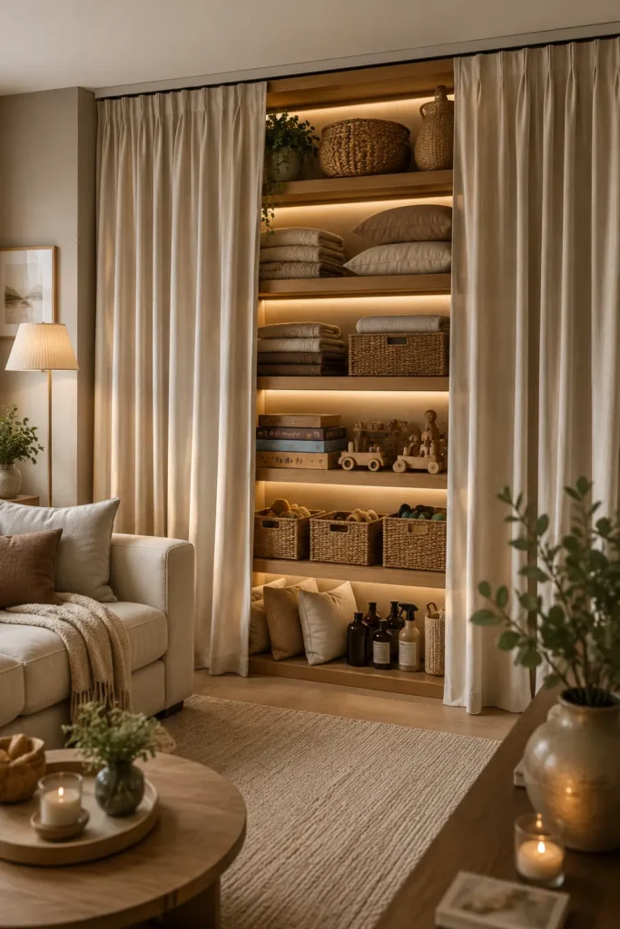 small apartment living room with a curtain-hidden storage closet.