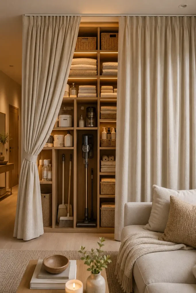  small apartment wall with a full-height curtain storage wall.