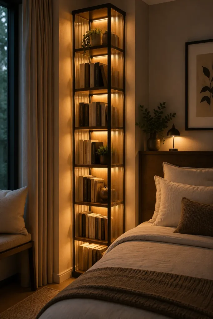 Ripple-glass book lantern tower, tall slim bookshelf placed in a bedroom corner beside the bed.