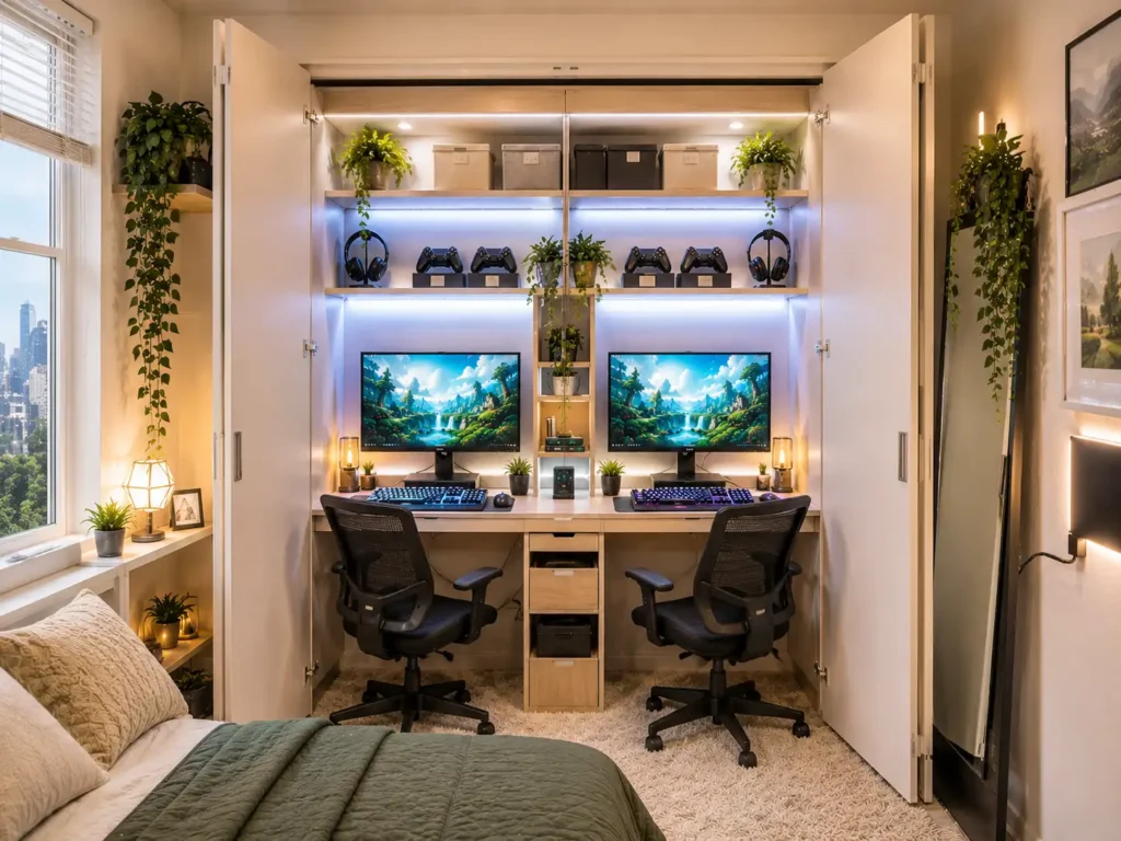 Hidden Wardrobe Gaming Room Idea For Couples