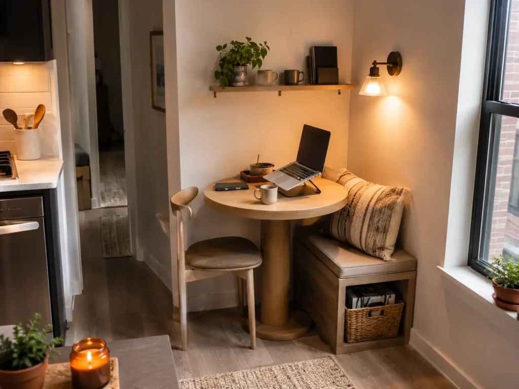 Compact one-bedroom apartment corner with a round pedestal table, tuck-in chair, storage bench, wall shelf, laptop, coffee cup, and warm sconce lighting.