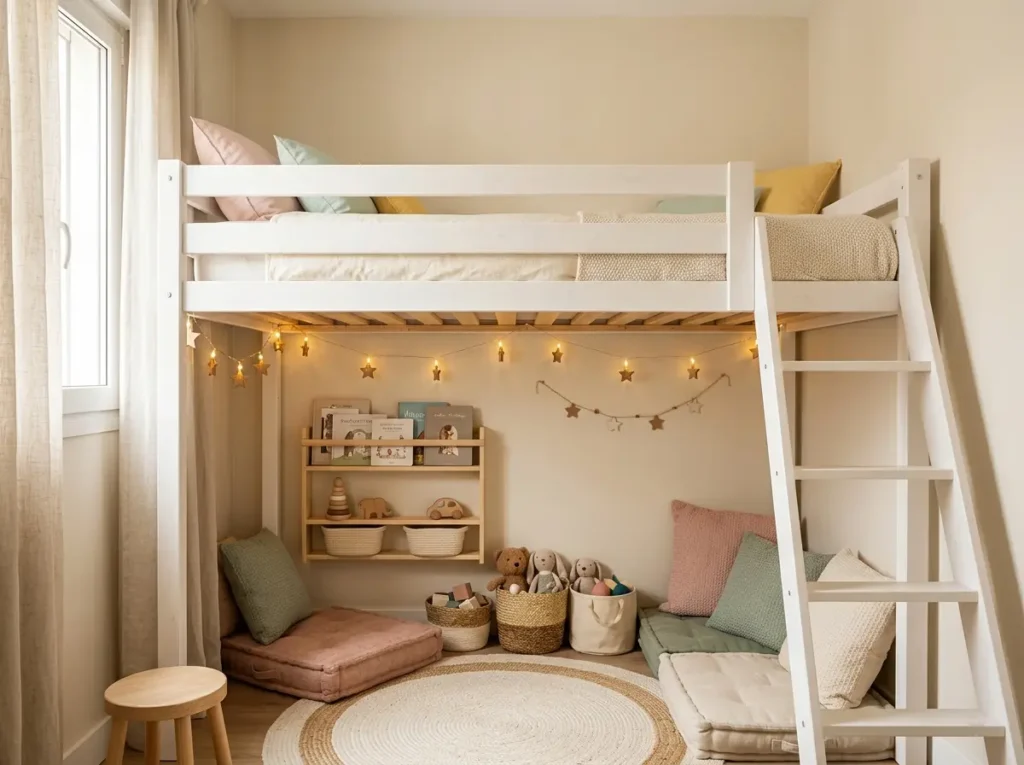 A small kids bedroom with a white loft bed, cozy play area underneath with floor cushions, toy baskets, small bookshelf, fairy lights, soft rug, warm neutral decor, clever space-saving kids room, no people.