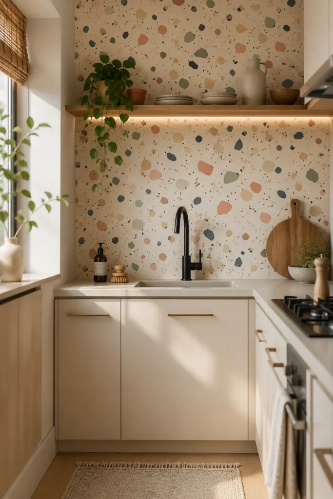 A small rental apartment kitchen with peel-and-stick terrazzo backsplash.