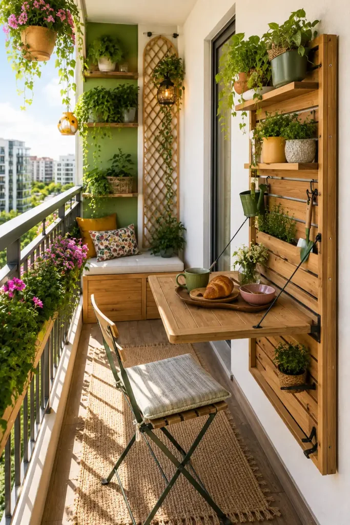A narrow renter-friendly balcony with a fold-away garden table attached to the wall.