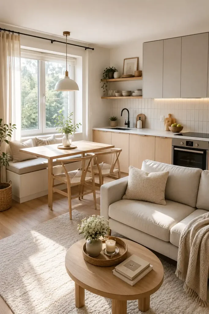 Scandinavian Window Bench open kitchen living room Layout for small house 