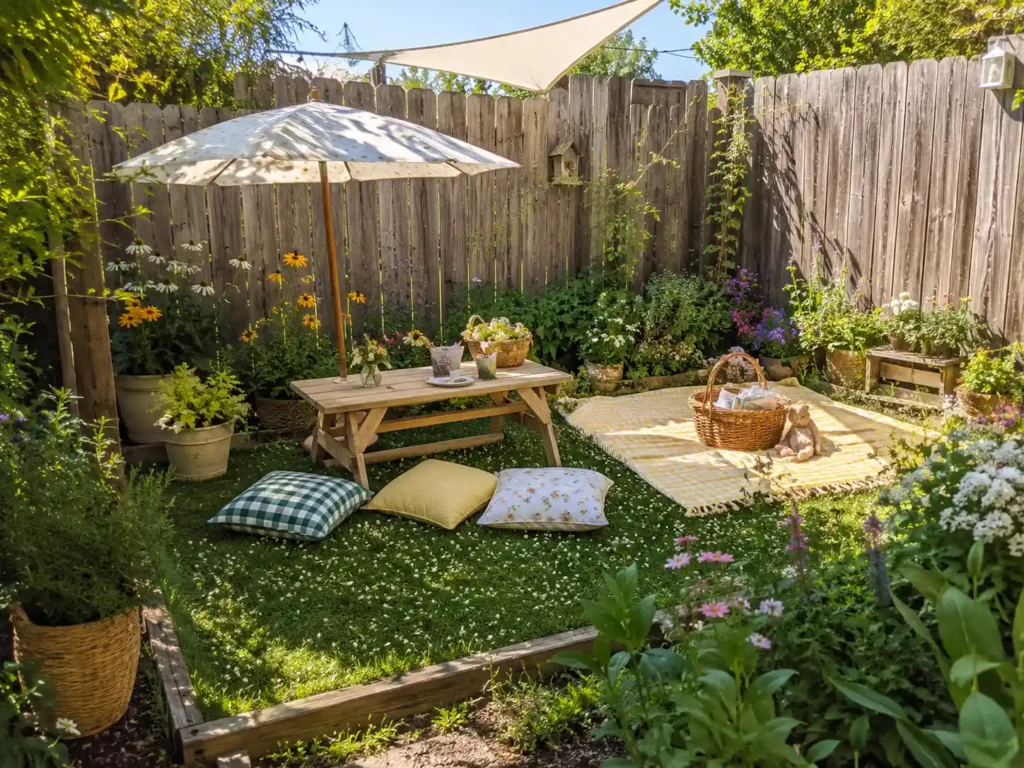 a small backyard with a tiny meadow-style picnic patch for kids