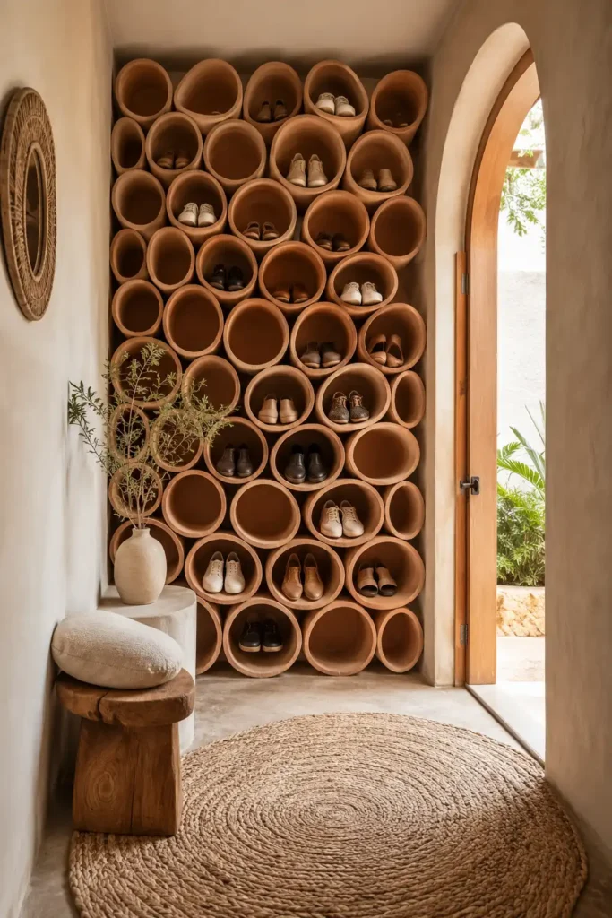 small entryway with a honeycomb terracotta shoe wall.