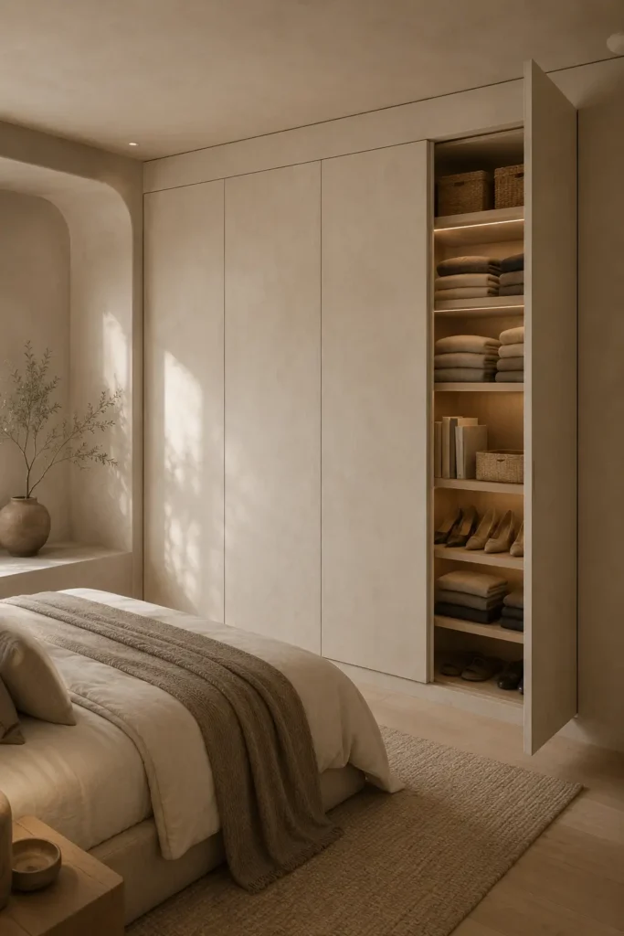 small modern bedroom with an invisible wall cabinet grid, handle-less flush cabinets painted exactly the same creamy plaster tone as the wall.