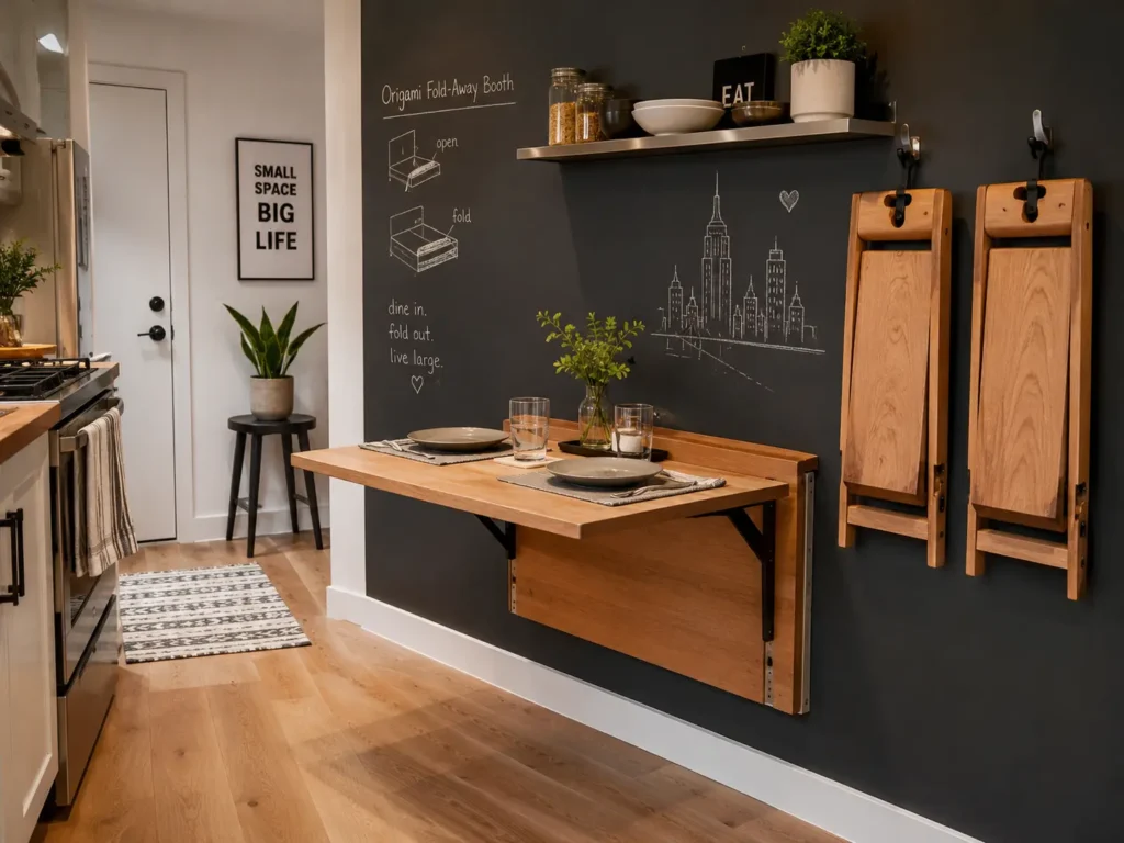 wall-mounted fold-down wooden dining table. idea for small dining rooms