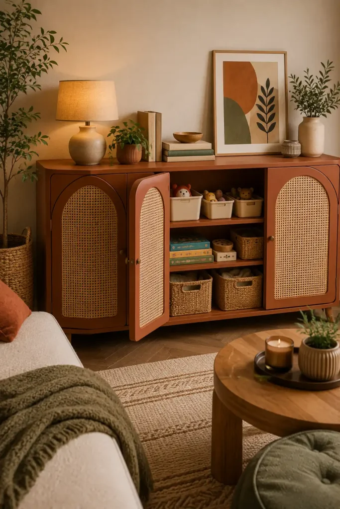 small living room with a toy-to-decor storage cabinet.