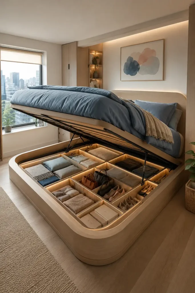 small apartment bedroom with a lift-up platform bed storage zone.