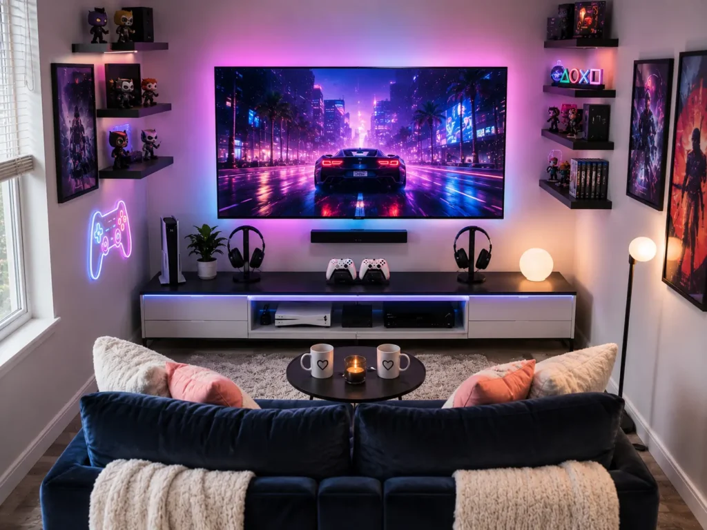 A premium cozy living room gaming setup idea for a couple.