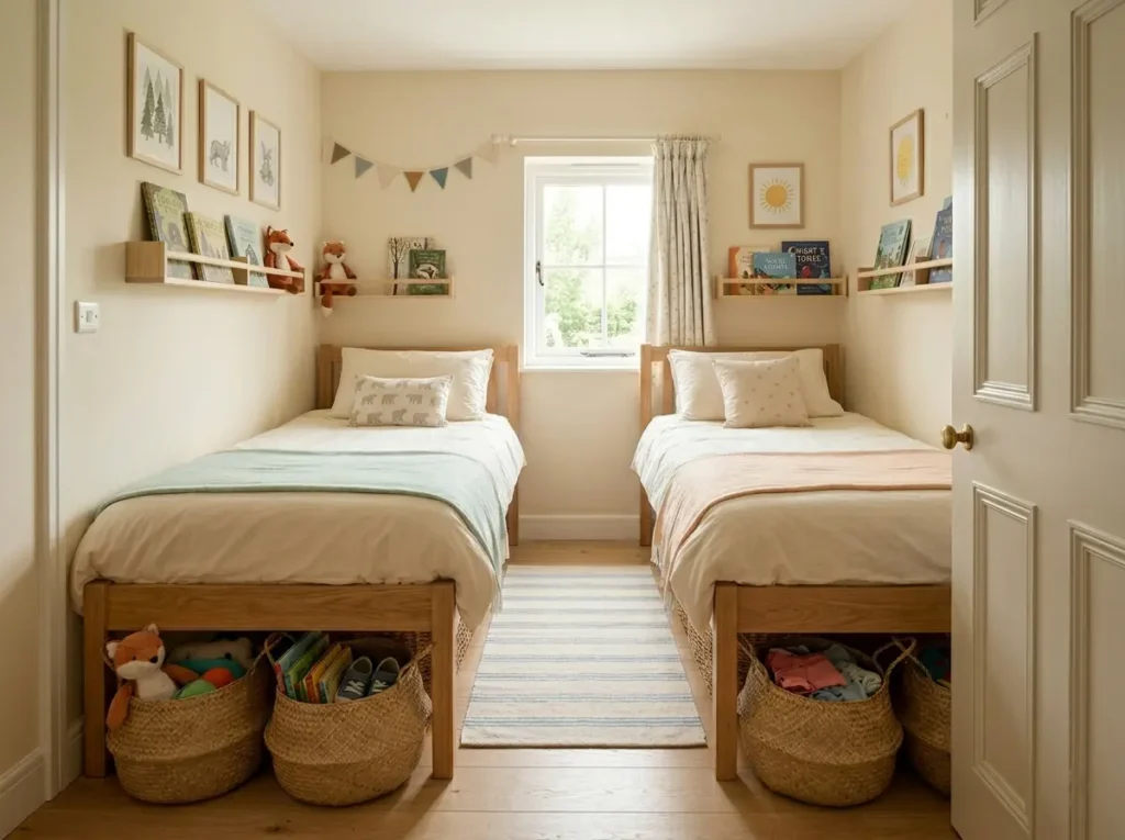 A small shared kids bedroom with two matching twin beds, soft neutral bedding, one shared nightstand, wall shelves, under-bed baskets.