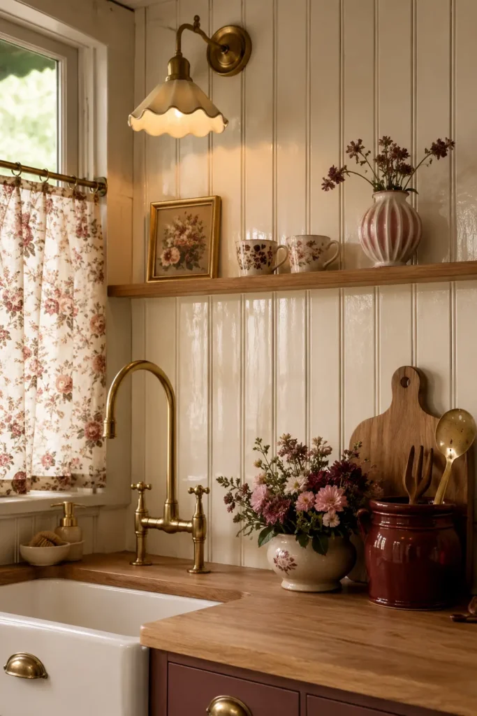 A small English cottage kitchen with cream beadboard backsplash.