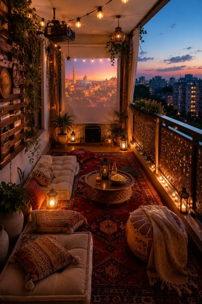 A narrow apartment balcony transformed into a romantic outdoor cinema
