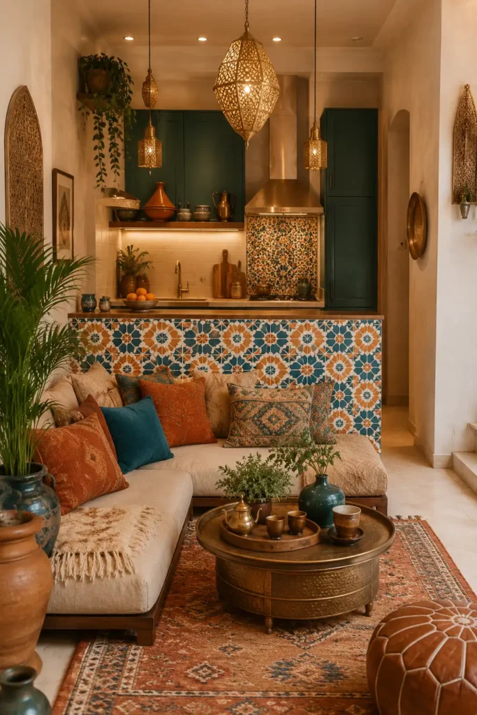 A Moroccan-inspired small open concept kitchen living room layout.