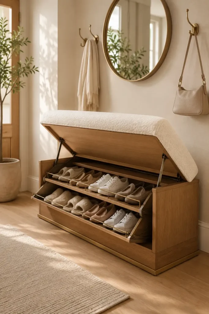 small entryway with an under-bench lift-up shoe tray.