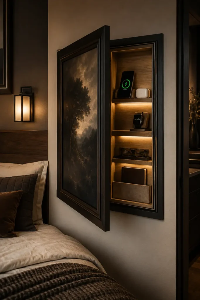 bedroom with a picture-frame charging vault for storage.