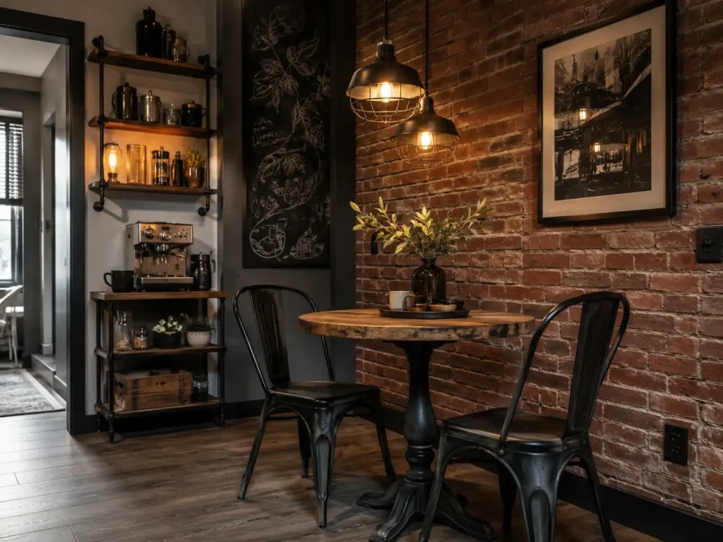 A small round reclaimed wood bistro table with a black cast-iron pedestal base is surrounded by metal Tolix chairs. Perfect small dining room idea