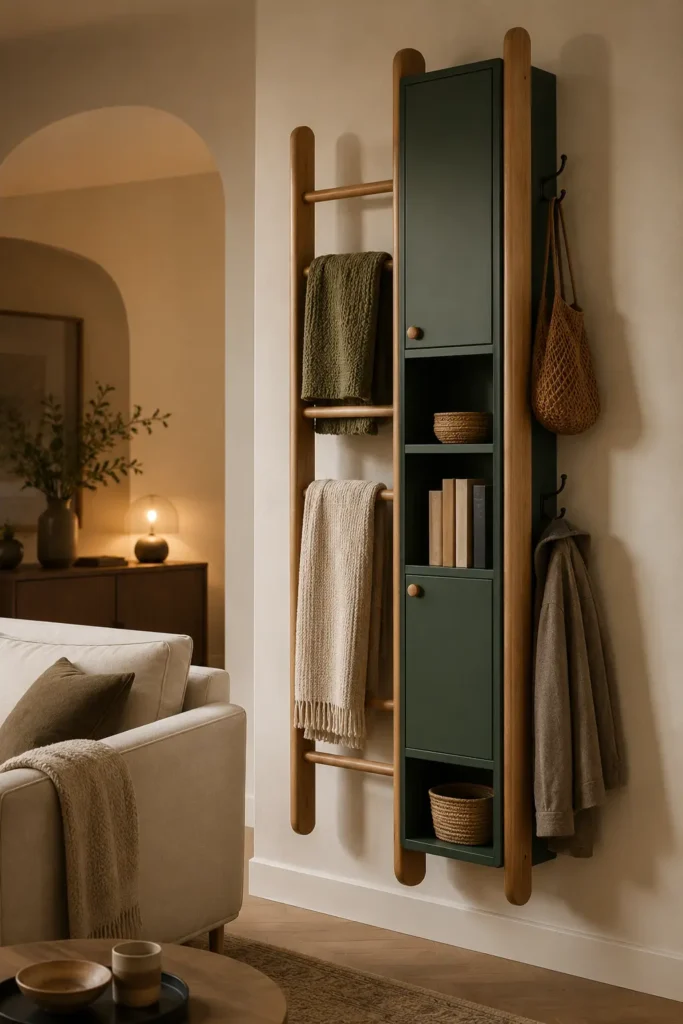 small cozy living room with a wall-mounted blanket ladder cabinet.