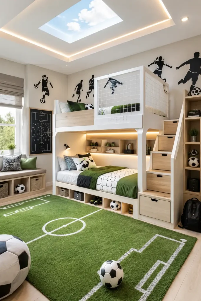 Green Pitch Bunk Kids Bed Room Idea for football lovers.