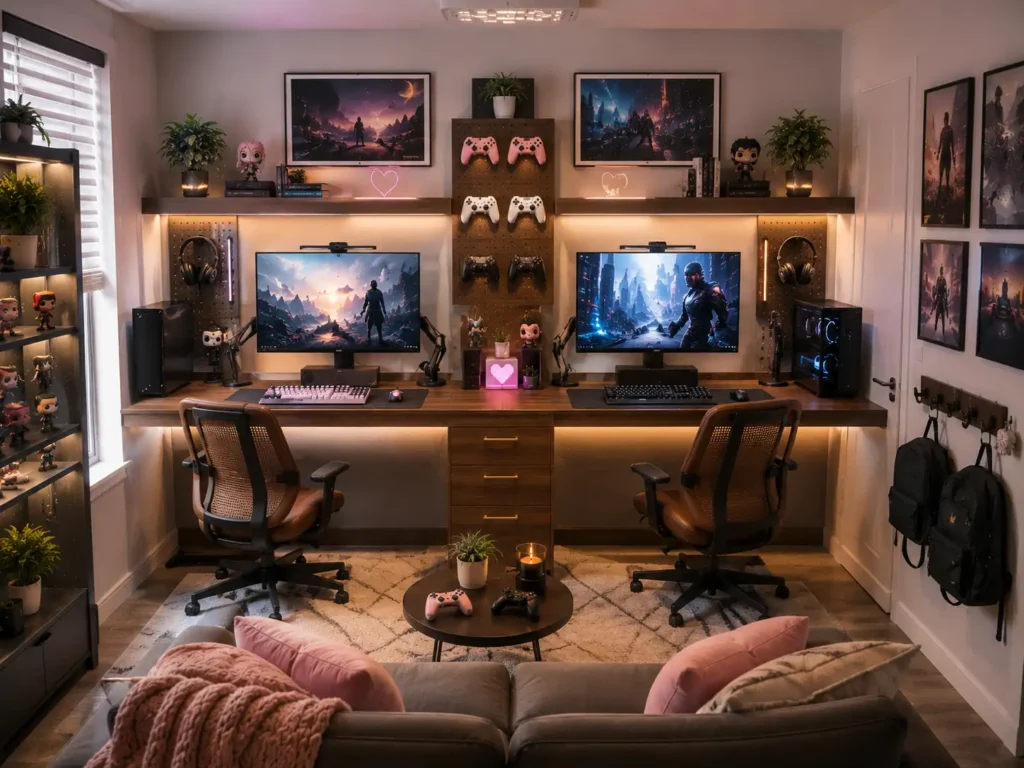 An upscale mid-century modern gaming room idea for a couple in a small apartment