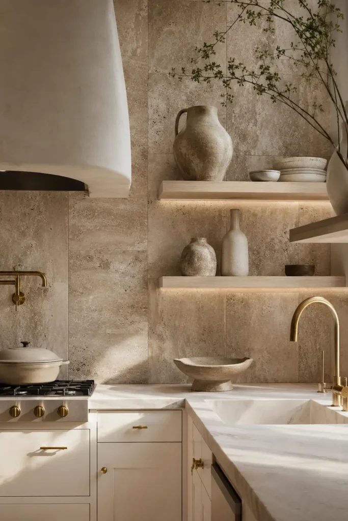 A small luxury kitchen with warm travertine tile backsplash