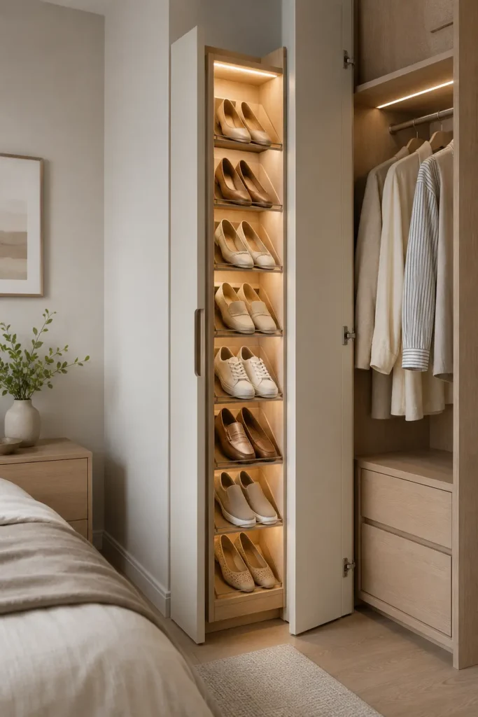 Wardrobe Side-Pull Shoe Tower for Shoe Storage.