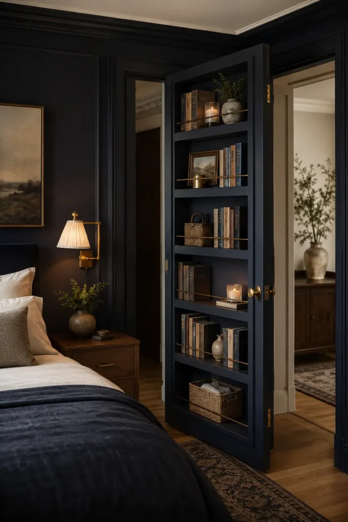 small stylish bedroom with a secret bookcase bedroom door.