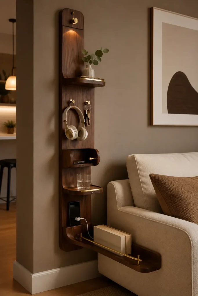  small living room with a floating sofa-side storage rail.