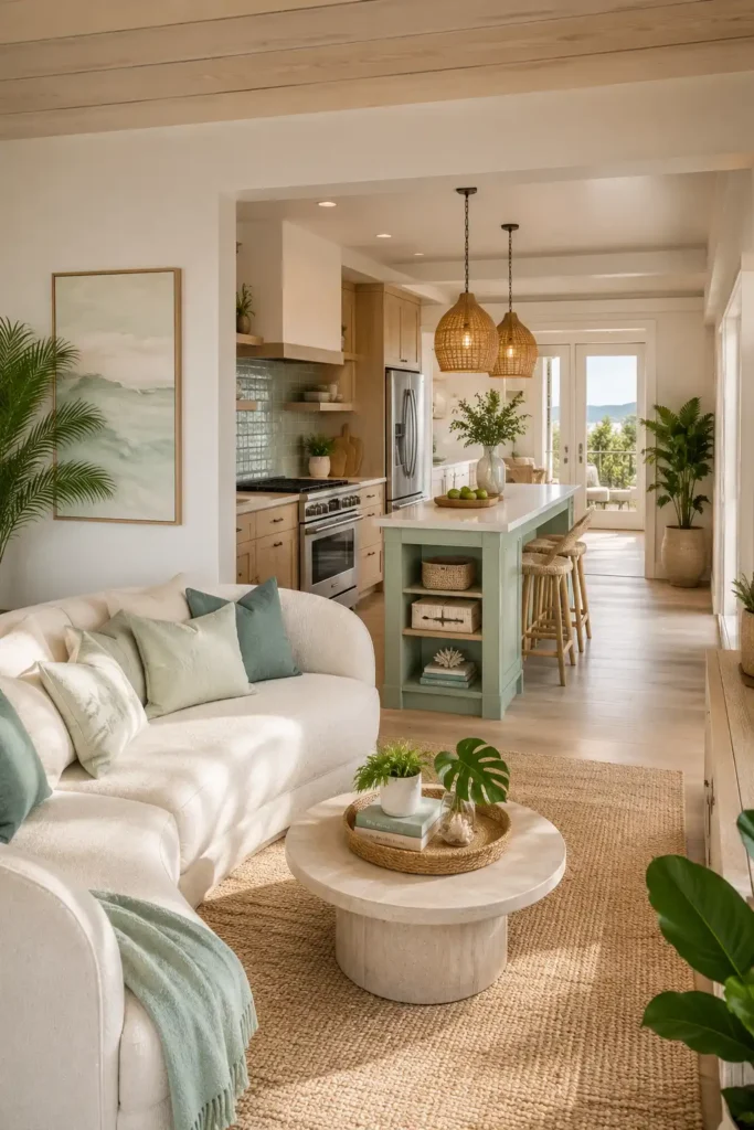 Curved Sofa and Slim Island Layout for open kitchen living room