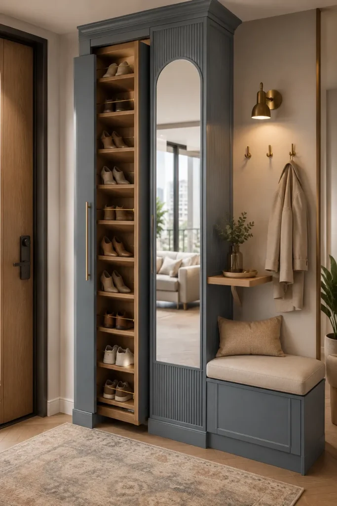 Hidden Entryway Shoe Tower Storage Idea for Apartment.
