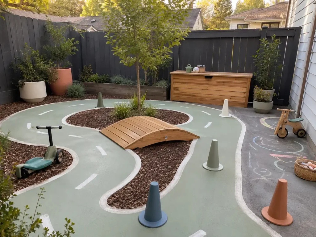 a small backyard with a stylish mini adventure track for kids with curved painted path.