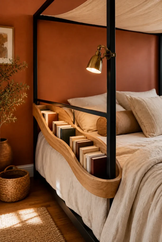  small bedroom with a canopy ribbon book rail, simple canopy bed with a slim curved book rail.