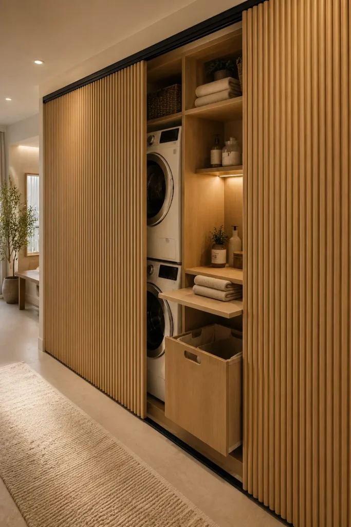 Fluted Oak Sliding Laundry Wall.