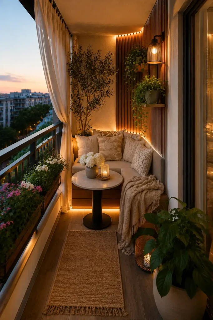 A tiny narrow balcony designed like a luxury outdoor hotel corner.