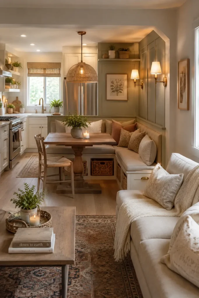 A dreamy small open concept kitchen living room with a built-in banquette dining nook between the kitchen and lounge.