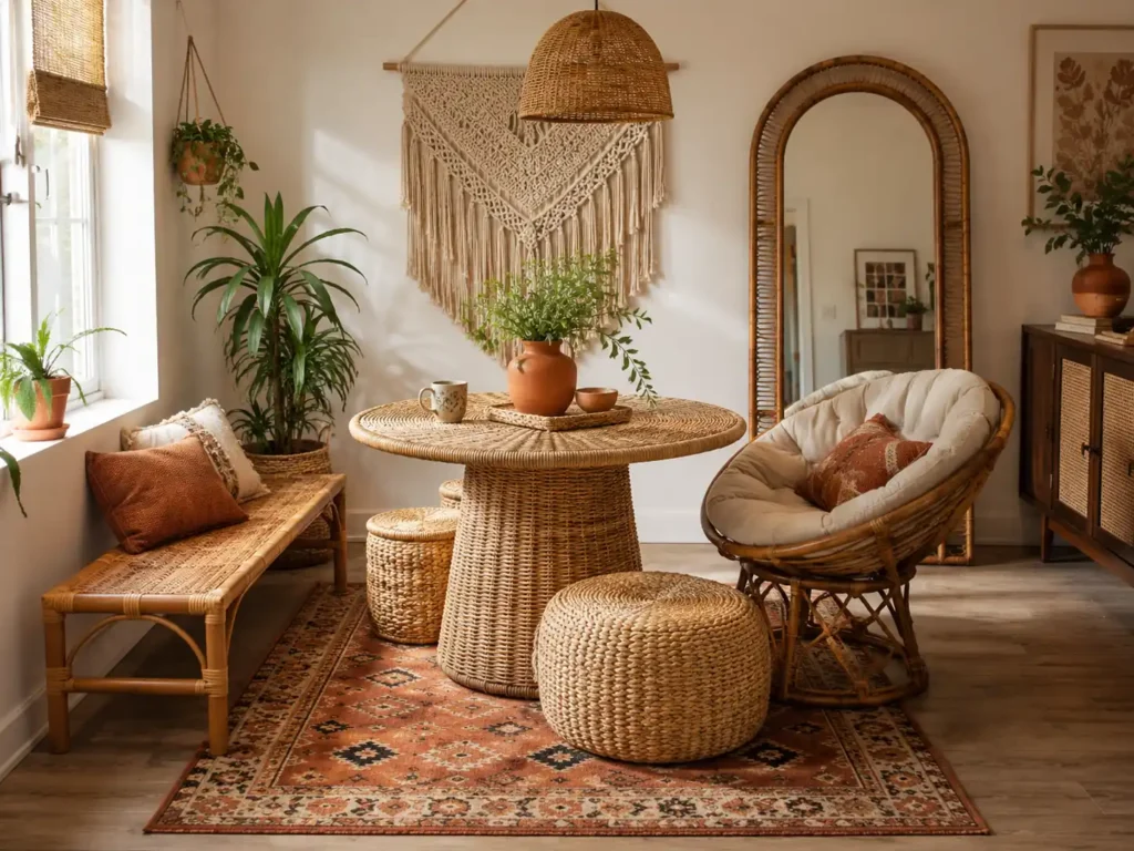 A round woven rattan dining table is paired with mismatched seats, including a rattan bench on one side and a woven papasan chair on the other. Best Idea for small dining rooms