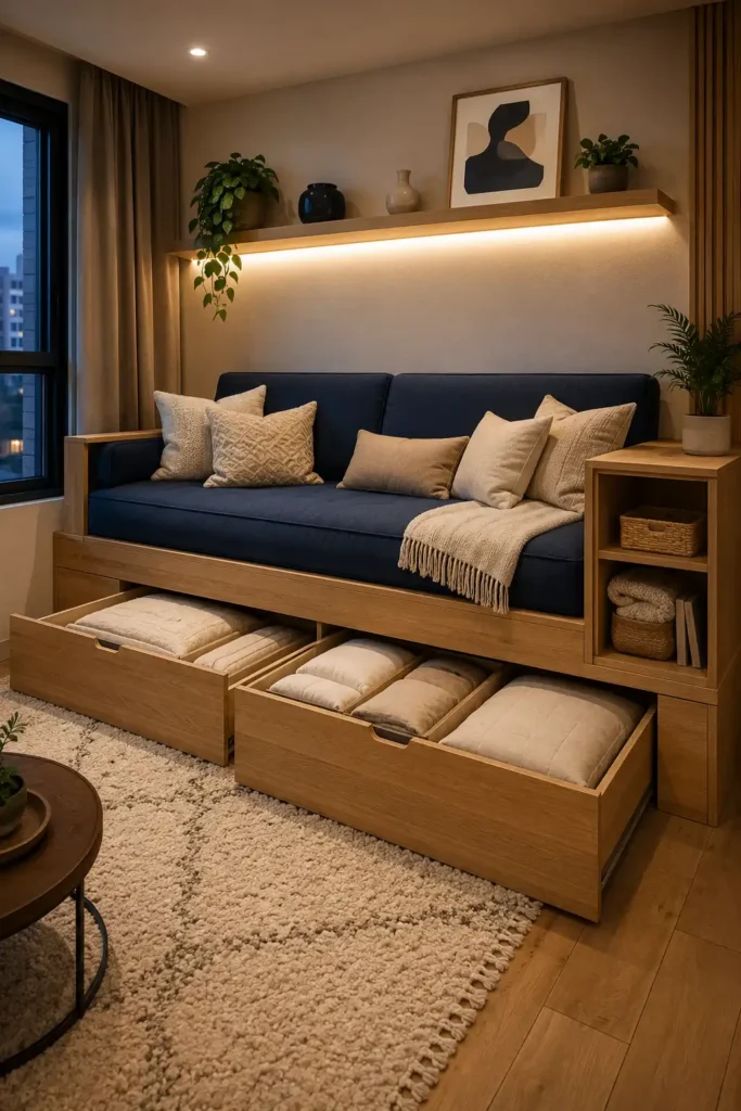  small living room with a sofa-cum-bed storage platform.