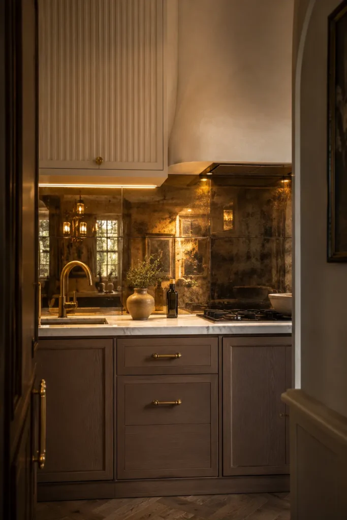 A tiny apartment kitchen with smoked mirror backsplash