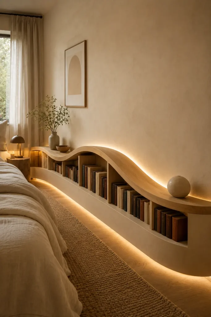  small peaceful bedroom with a wave horizon bookshelf.