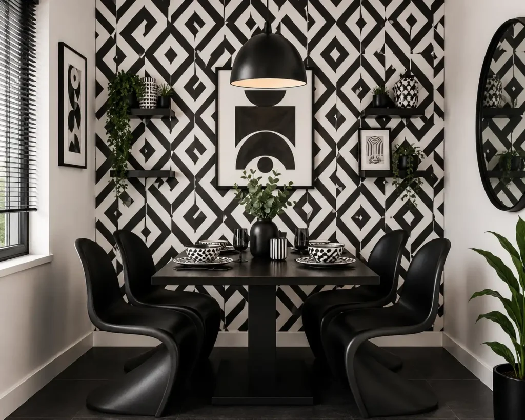 A striking black and white high-contrast small dining square. The main wall features a bold geometric black and white patterned wallpaper. A square matte-black dining table sits flush against it with matching sleek black sculptural chairs. Minimalist, artistic modern home interior idea for small dining rooms.