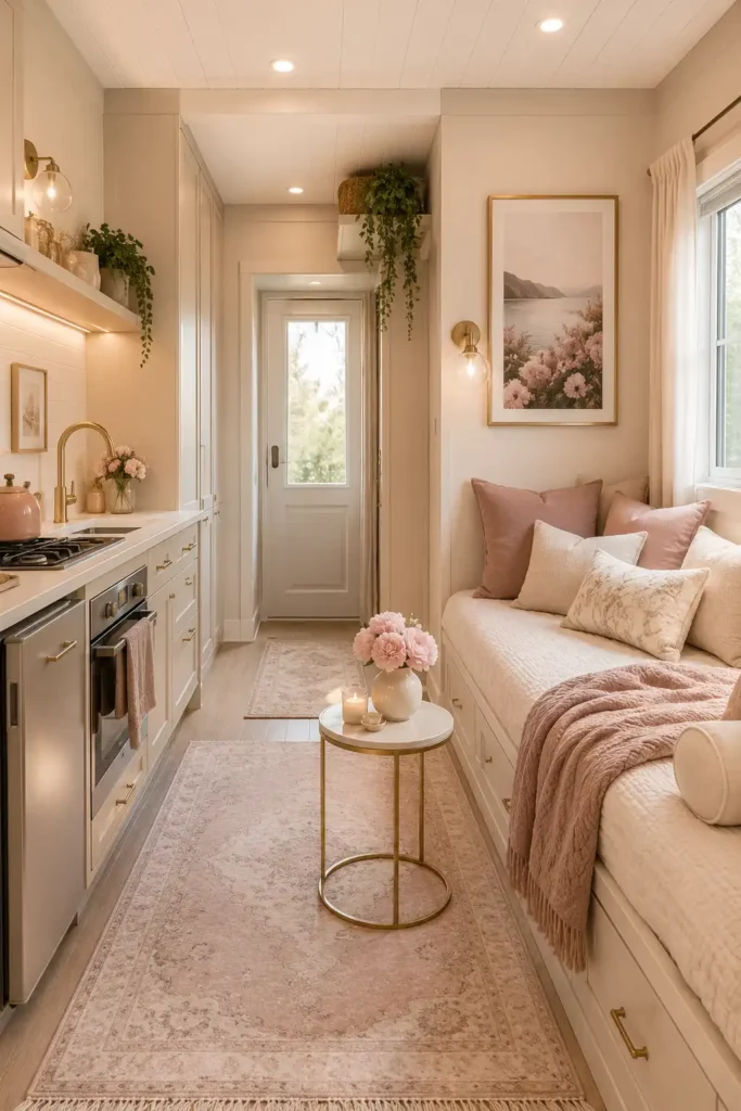A cute and dreamy small open concept kitchen living room, one-wall kitchen design, cozy daybed in the living corner.