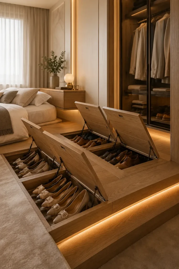 small sophisticated bedroom with a raised floor shoe hatch near the bed.