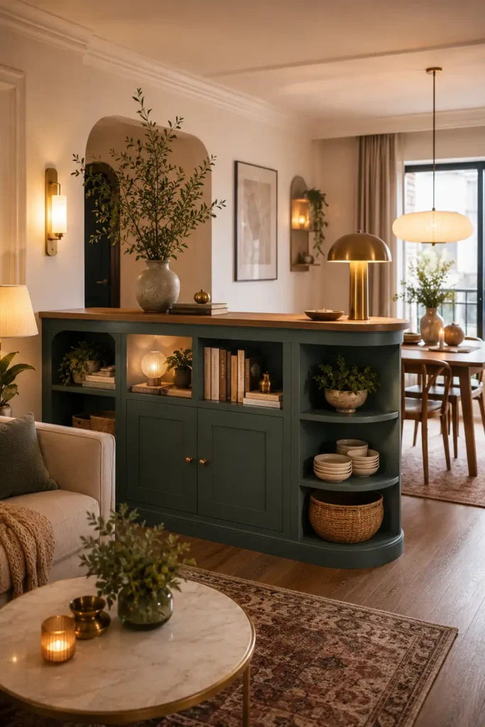 small open-plan apartment with a living room dining divider storage wall.