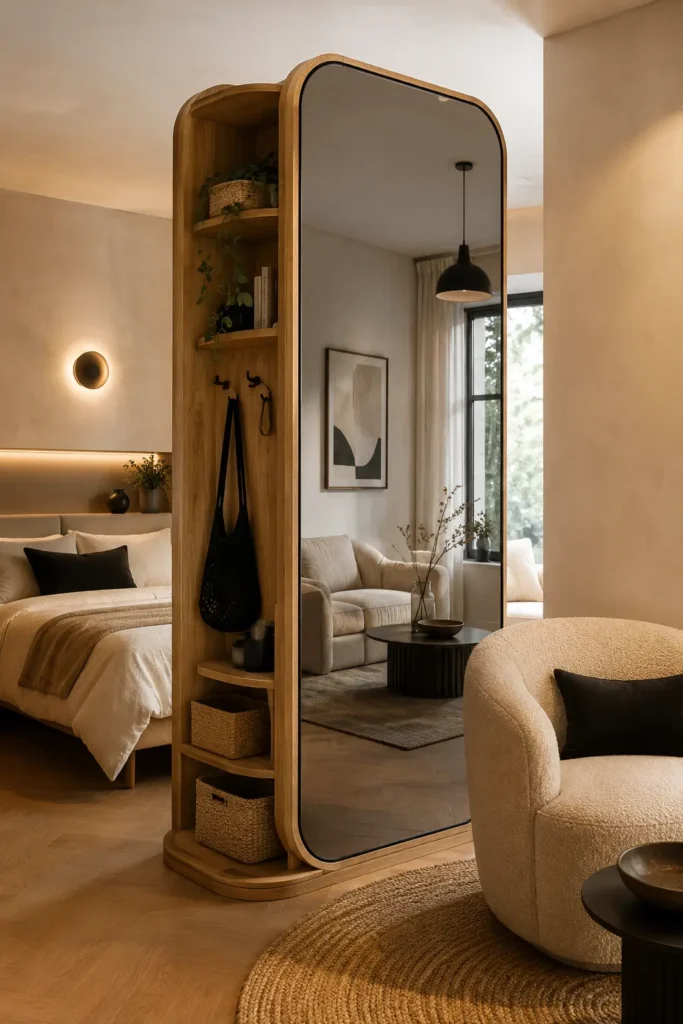 studio apartment with a tall mirror storage divider, freestanding narrow partition with full-length mirror on one side and hidden shelves on the other.