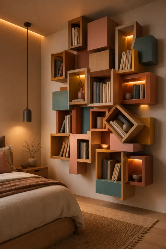 Floating Puzzle Cube Wall Bookhelf idea for Bedrooms. 