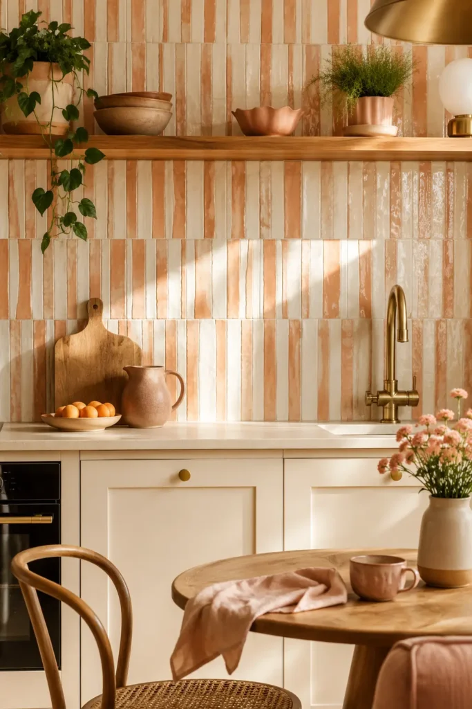 A small playful kitchen with handmade stripe tile backsplash in cream and soft terracotta