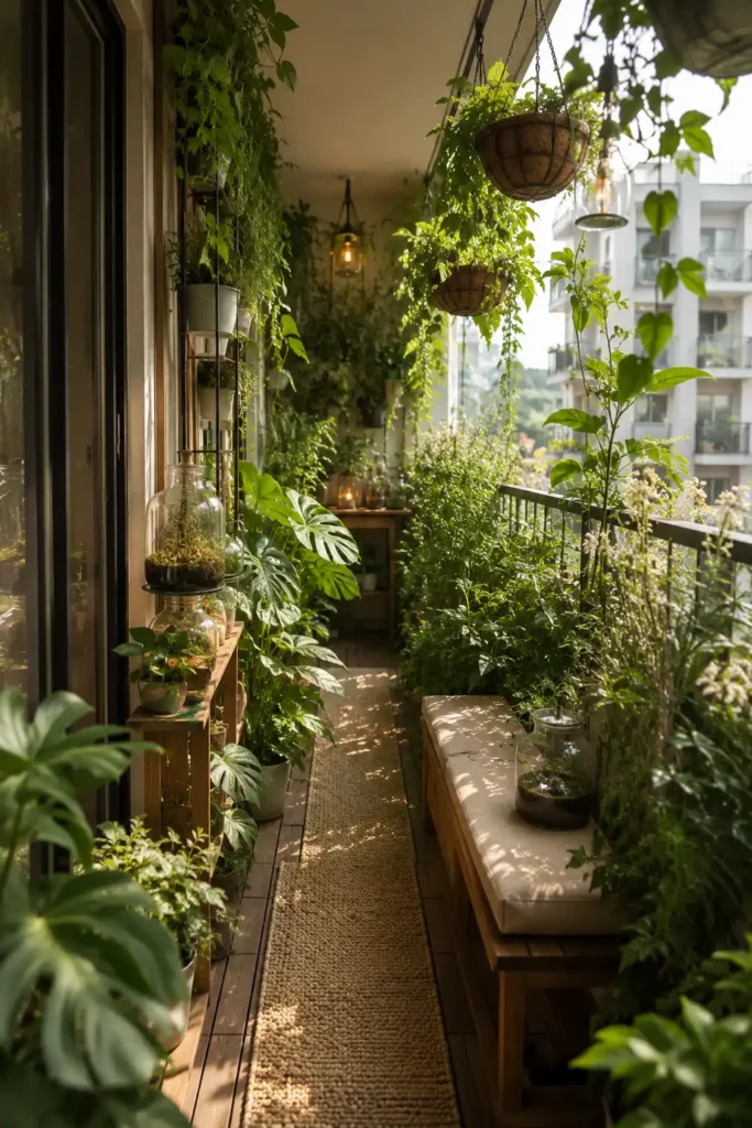 A long narrow balcony transformed into a mini greenhouse walkway.